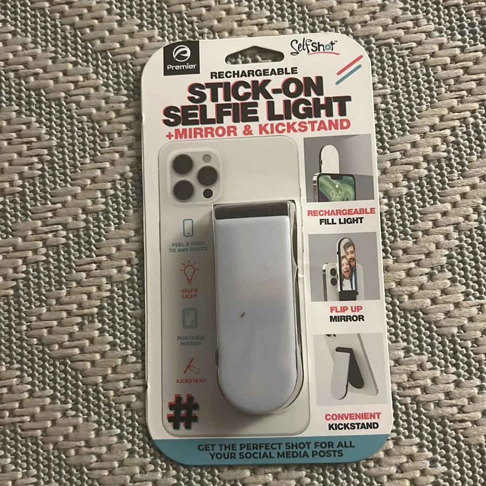 NEW Rechargeable Stick On Selfie Light + Mirror and Kickstand Self Shot
